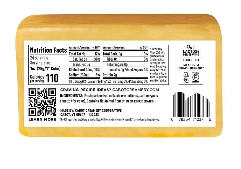 Naturally Aged Extra Sharp Cheddar Cheese has a citrusy, extra sharp flavor. Pair this sophisticated Vermont cheese with roasted nuts and chilled beer to make your snack hour special or simply add to sandwiches for hearty meal option.. [ 24 oz , 1.5 lb ]