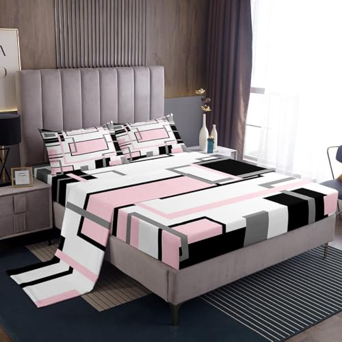 Homewish Juego de sábanas de tamaño King, color rosa y negro, moderno juego de sábanas geométricas cuadradas para adolescentes y adultos, sábanas de retazos abstractos, sábana bajera plana de