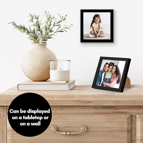 Americanflat 5x5 Picture Frame with Shatter-Resistant Glass - Streamline Collection - Thin Border Square Frame for Tabletop and Wall Display - Hanging Hardware and Easel Stand Included - Black