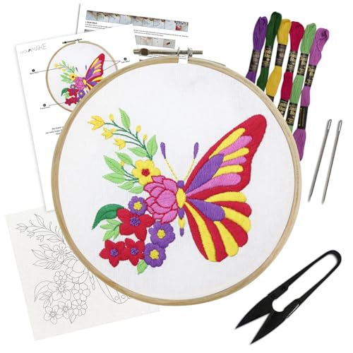 Image of picknMAKE Cross Stitch Embroidery Kit For Beginners & Adult, Featuring A Butterfly With One Side Floral Wings, Printed Fabric, Instructions Papers, Threads & Needles All Materials Included,Multicolor