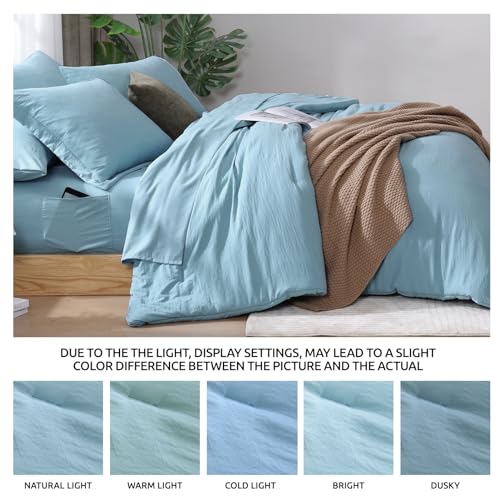 Image of Queen Comforter Set-7 Pieces Soft Prewashed Bed in a Bag Queen Bedding Sets | All Season Comforter with Sheets, Pillow Shams & Pillowcases, Sky Blue