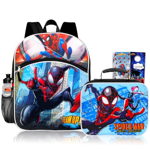 Marvel Miles Morales Backpack with Lunch Box Set - Bundle with 16 Spiderman Backpack Spidey Lunch Bag Bottle Stickers More | Spiderverse School Supplies