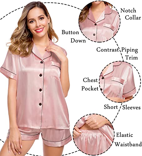 Image of LecGee Womens Silk Satin Pajamas Short Sleeve Loungewear Two-Piece Sleepwear Button-Down Pj Set