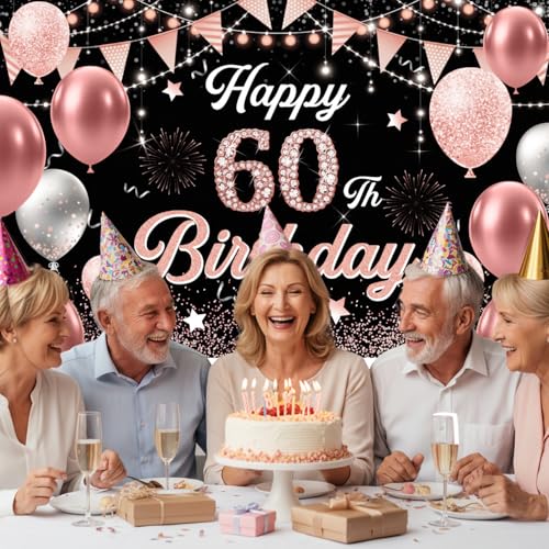 Image of 60th Birthday Decorations for Women - Happy 60th Birthday Banner Decorations Cheers to 60 Years Birthday Party Indoor and Outdoor Decoration Suppiles Pink Backdrop for 60th Birthday Party Favors Decor