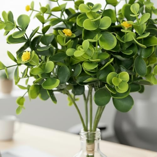 Image of Artificial Eucalyptus Bouquet with Baby Breath Yellow Flowers - 6 Stems Faux Greenery Bunch, 33cm Height for Home, Office, Wedding & Party Decoration