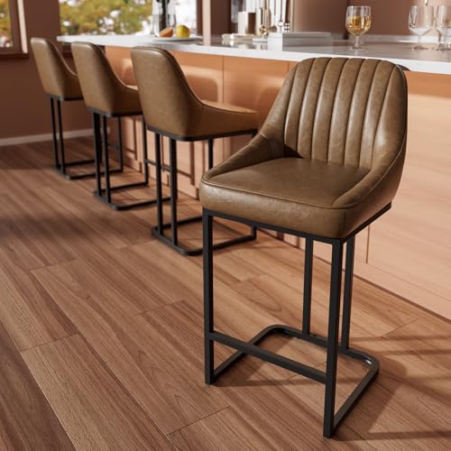 Bananister Counter Height Bar Stools, 24" Brown Leather Bar stools Set of 4