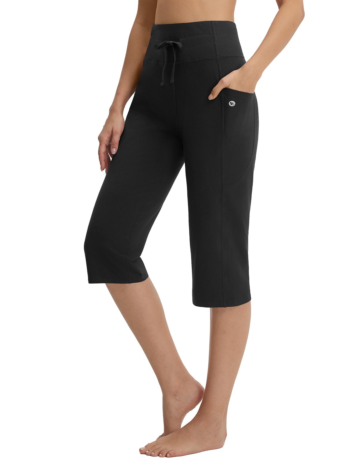 baleaf Damen Yogahose Baumwolle High Waist Caprihose mit Taschen Freizeithose 46CM Straighthose Casual Lounge Sommer Sporthose