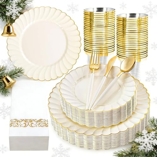 Ciaell 175 PCS Ivory Scalloped Plastic Plates - Gold Disposable Plates Fancy High-end Dinnerware Sets for Wedding & Party (25 Guests) Ciaell 175 PCS Ivory Scalloped Plastic Plates - Gold Disposable Plates Fancy High-end Dinnerware Sets for Wedding & Party (25 Guests)