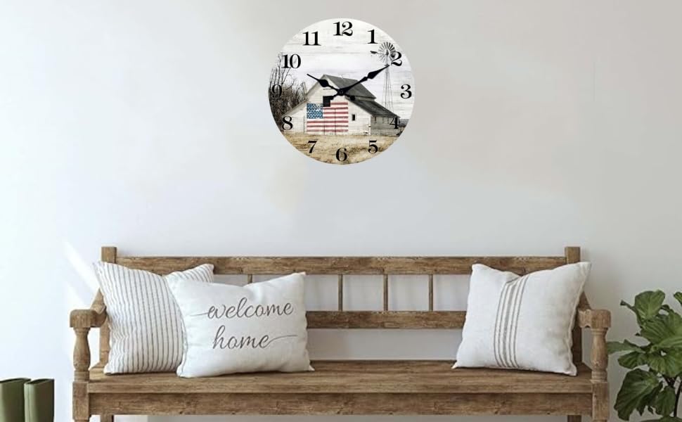 Image of XFM 24 Inch Large Country Barn Wall Clock for Living Room | Silent Non-Ticking Battery Operated Vintage Wooden American Country Decorative for Living Room Kitchen Bedroom Office