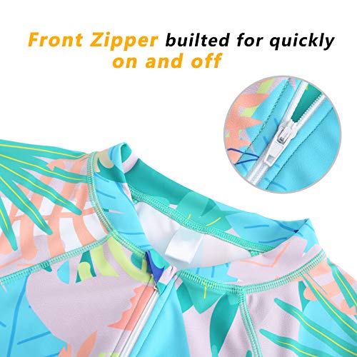 Image of Girls Long Sleeve Rash Guard One Piece Swimsuit Kids UPF 50+ Sun Protection Swimwear Rainbow Striped Bathing Suit 3-14 Years