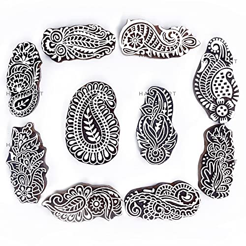 Image of Hashcart | Set of 10 | Paisely and Floral Design Wooden Blocks Stamps, Wooden Blocks for Block Printing, Craft Kids Tattoo Henna Fabric Textile Paper Clay Pottery Hand-Carved