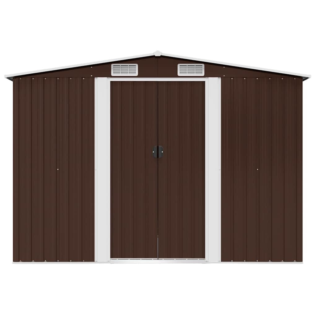 Casetta porta attrezzi marrone in acciaio zincato 257 x 205 x 178 cm con doppie porte scorrevoli e 4 prese d'aria per attrezzi da giardino, tosaerba, bicicletta e bidoni della spazzatura da