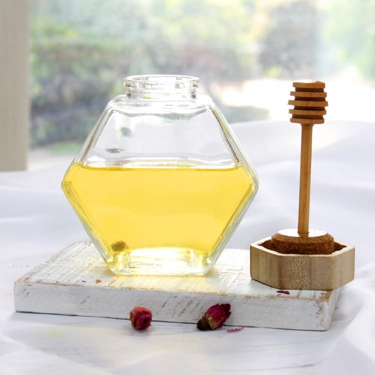 Hexagonal Glass Honey Jar with Wooden Dipper and Bamboo Lid, 350ml, Transparent Food Storage Container image 4