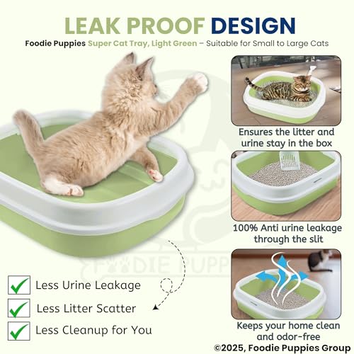 Image of Foodie Puppies Cat Litter Box Tray with Rim and Scooper - (Light Green) (Large, 46 x 38 x 13 cm) | Semi-Closed Design and Durable Quality | Pet Litter Sand Tray Suitable for All Adult Cats & Kittens