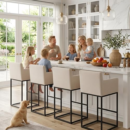 Image of HNY Modern Counter Height Bar Stools Set of 2, Linen Fabric Upholstered Bar Stools with Backs, 30 Inch Kitchen Island Stools with Black Metal Frame, Cream