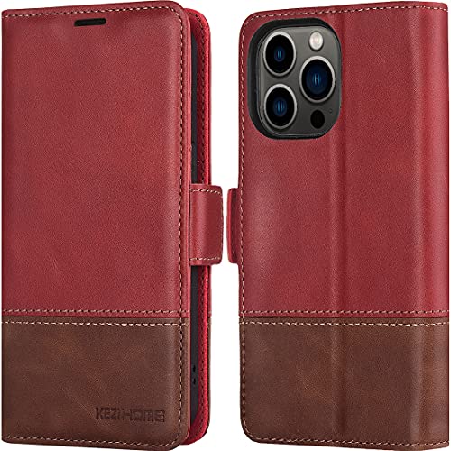 KEZiHOME Wallet Case for iPhone 13 Pro Max, [RFID Blocking] Genuine Leather Kickstand Card Slots Case Magnetic Closure Shockproof Flip Cover Compatible with iPhone 13 Pro Max 5G 6.7