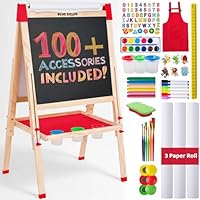Blue Squid Art Easel for Kids with Paper Roll x 3, Includes 100+ Accessories, Double Sided Adjustable Wooden Painting Easel with Magnetic Chalk Board, White Board for Toddlers Ages 3,4,5,6,7,8,9,10,12