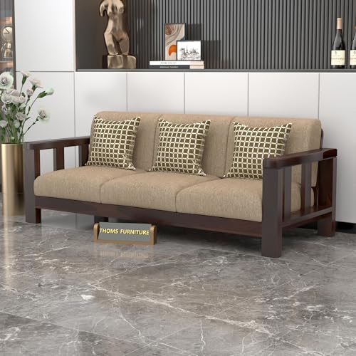 Image of Solid Sheesham Wooden Sofa 3 Seater | 3 Person Sofa for Living Room | Elegant 3 Seater Sofa Set for Home & Office Furniture (Evans Walnut, 3 Seater)