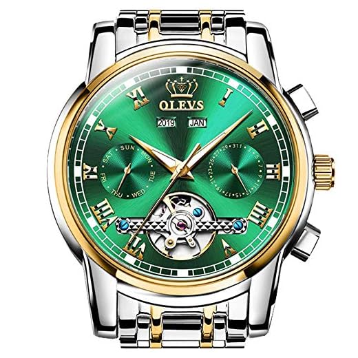 OLEVS Watch Men Swiss Brand Automatic Watch for Men Fashion Self Winding Watches Without Battery,Tourbillon Watch Mechanical Movement Skeleton Watch Big Face Gold Green Hand Mens Wristwatches