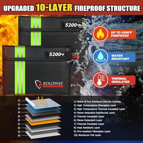 Image of ROLOWAY Fireproof Bag (9.6 x 6.6 inches) 5200℉ Heat Insulated with Reflective Strip, Fireproof Money Bag with Zipper for Cash (2-Pack Black)
