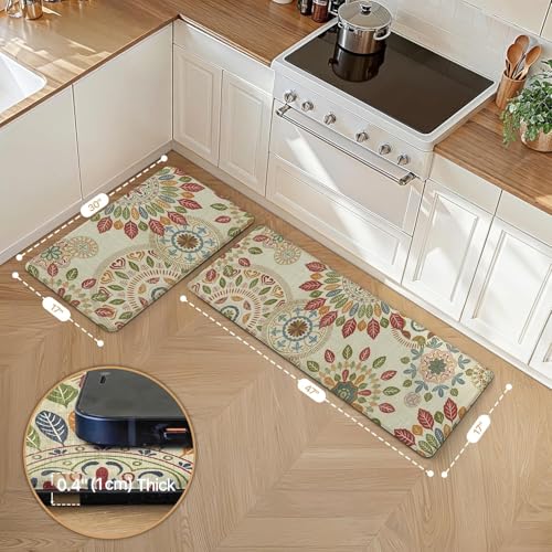 Image of SHREENIDHI Kitchen Floor Mat Set of 2 Rectangular Printed Mats for Sink Stove and Counter Area Placement with Kitchen Theme Geometric and Floral Design Options (Leaf Pattern Mat 1)