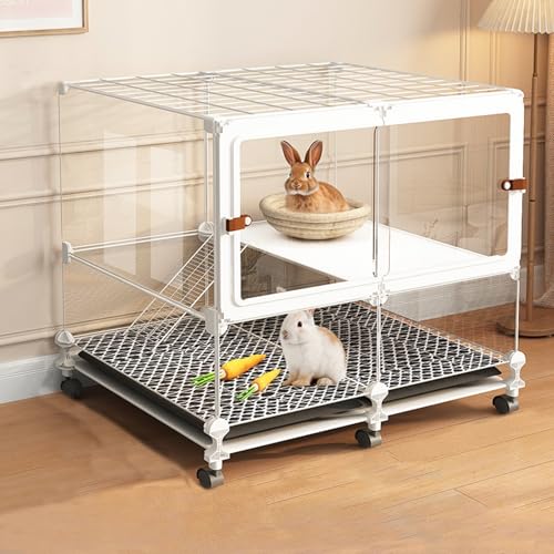透明なペット囲い、室内ウサギケージ、モルモット、猫、チンチラ用、引き出しトレー付き、360°ユニバーサルホイール、小動物トレーニングフェンス(70*35*66cm)