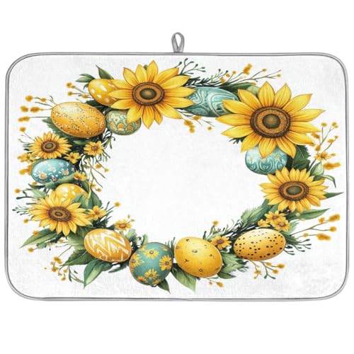 Axurera Tapete de secado de platos de corona floral de huevos de Pascua para encimera de cocina, tapete escurridor de platos absorbente, lavable, almohadilla de secado de platos para escurridores de