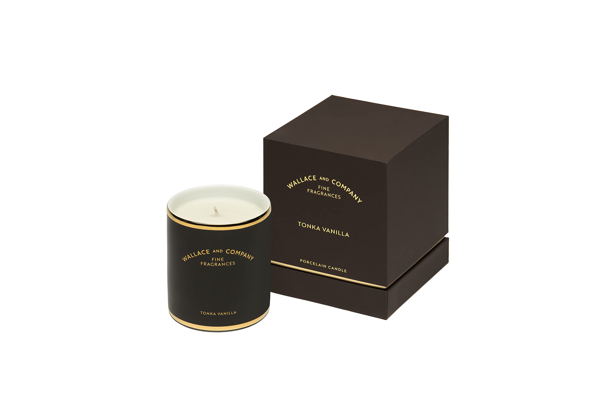 WALLACE & COMPANY and Luxury 1 Wick Scented Porcelain Candle Tonka Vanilla, 300ml - Soy Wax with Pure Cotton Wick, Porcelain Vessel, 18-Carat Gold Rim, 35-Hour Burn Time Scented Candles