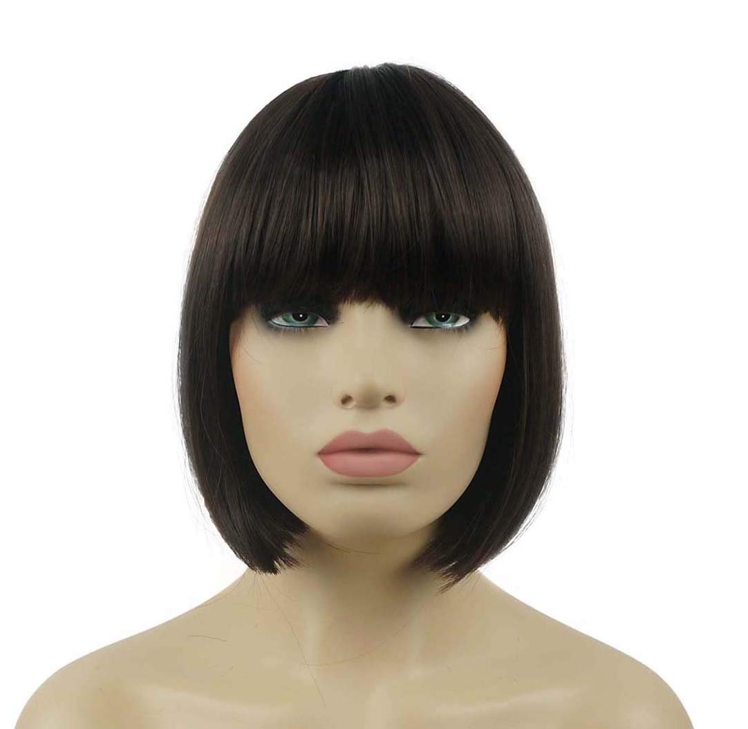 Lydell 8" Straight Short Bob Hair Flat Bangs Cute Central Dot Skin Top Heat Resistant Synthetic Wigs (6 Chestnut Brown)