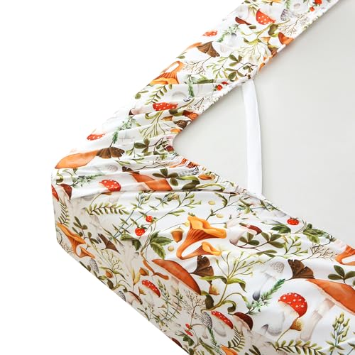 Image of Mooreeke Cozy Vintage Microfiber Printed Full Sheet Set - Soft & Breathable Percale Mushroom Forest Bed Sheets with Extra Deep Pocket - Non-Slip Fitted Design - Jungle Mushroom Leaves Pattern - Full