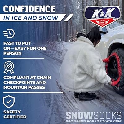 K&K Auto Snow Socks for Tires Pro Series for Ultimate Grip Approved Snow Chain Alternative Traction Device Tire Sock for Car SUV Sedan Coupe Winter Travel Accessory Emergency Kit Large (2pcs)