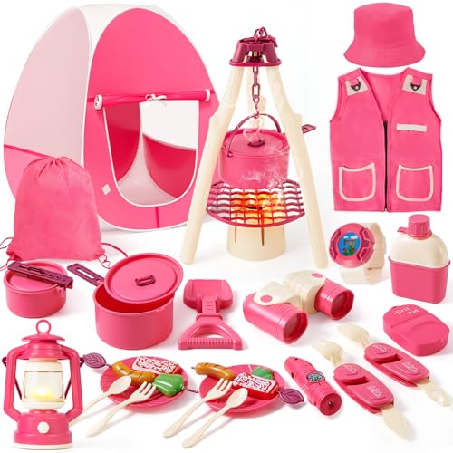 TUZT Kids Camping Set Toys with Pop Up Tent, Campfire Gear Tools Essentials for Indoor Outdoor Pretend Play, Christmas Birthday Gifts for Toddlers Girls Age 3 4 5 6 7 8 Year Old