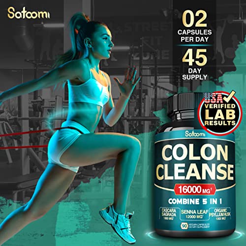 Colon Cleanse Capsules - 45 Days Cleanse Of 90 Capsules - 16000Mg Per Serving Equivalent With 12000Mg Senna Leaf 1000Mg Cascara Sagrada Bark 1000Mg Psyllium Husk 1000Mg Flaxseed & 1000Mg Aloe Vera Gel #TOP5