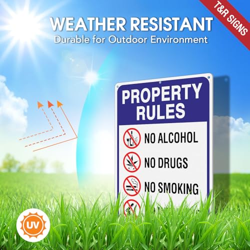 Image of T&R Large Property Rules Sign No Alcohol No Drugs No Smoking No Weapons Sign - 14 x 10 Inches Rust Free .040 Aluminum Reflective - UV Protected, Waterproof and Fade Resistant - 6 Pre-drilled Holes