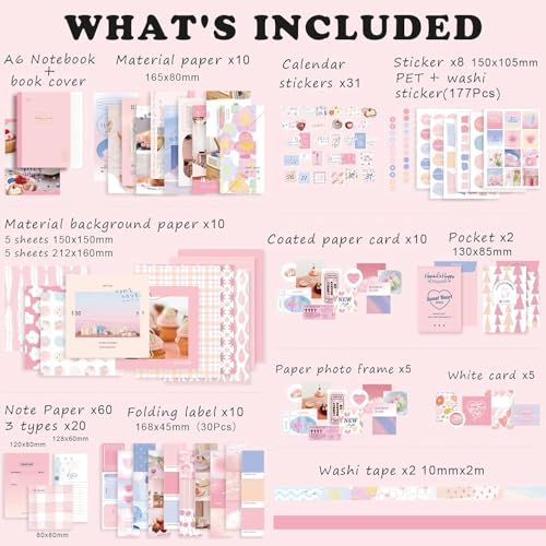 Image of VIBE VISTA Vintage Aesthetic Scrapbook Kit, 346 Pcs, A6 Grid Notebook, Washi, Envelopes, Scrapbook Papers, Folding Labels, Background Papers, Photo Frames, Calendar Stickers, Stickers (Sweetheart)
