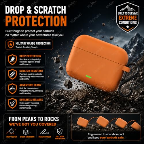 Image of Anvique Silicone Case Cover for Realme Buds T500 Pro, Shockproof Protective Earbuds Cover with Keychain Hook, Anti-Scratch Soft Silicone Skin, Full Body Protection Case (Orange S)