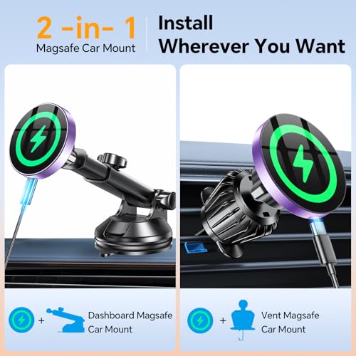 Image of Coolpow for MagSafe Car Mount Charger【Ultra Magnet】 Magnetic Phone Holders for Your Car Charger【Windshield+Vent+Dash】 Magnetic Wireless Car Phone Holder Charger Car Mount for iPhone 17 (Purple)