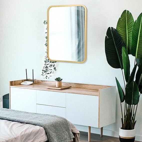 Image of Sidra Decor Rectangle Wall Mirror (24 inchx 18 inch) | Gold Brushed Metal Frame with Beveled Edge | Modern Wall Mirror for Bathroom, Living Room Vanity, Makeup Mirror (Golden Frame)