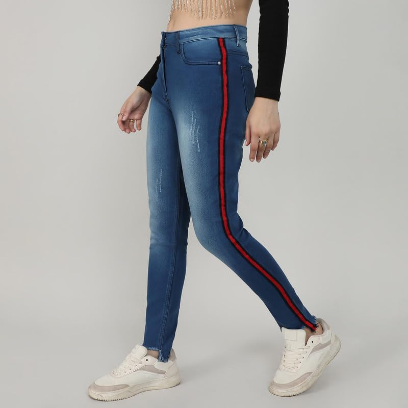 Image of PINACOLADA Women's Side-Striped Denim Jeans for Casual Wear | Light-Wash | Regular Fit | Button Closure | Cotton Denim Jeans Crafted with Comfort Fit for Everyday Wear