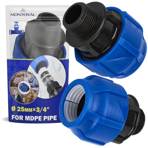 2 Stück Muffe Verschraubung Ø 25 mm x 3/4″ mit Außengewinde aus Polypropylen PP Fitting für die Verbindung von Polyethylen PE Rohr - MONTERAL