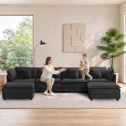 Image of Corduroy Sectional Couch, 4 Seater 149.2 inch U Shaped Cloud Couch with 2 Ottomans, Modular Deep Seat Sofa with Pillows for Living Room, Apartment, Black