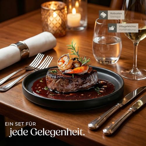 tectake® 30-tlg. Kombiservice, Geschirrset, Tafelservice 6 Personen, Steingut Geschirr Set schwarz, Teller Set mit Schalen, Kaffeetassen, Speiseteller, Frühstücksteller, tiefe Teller, Schüsseln