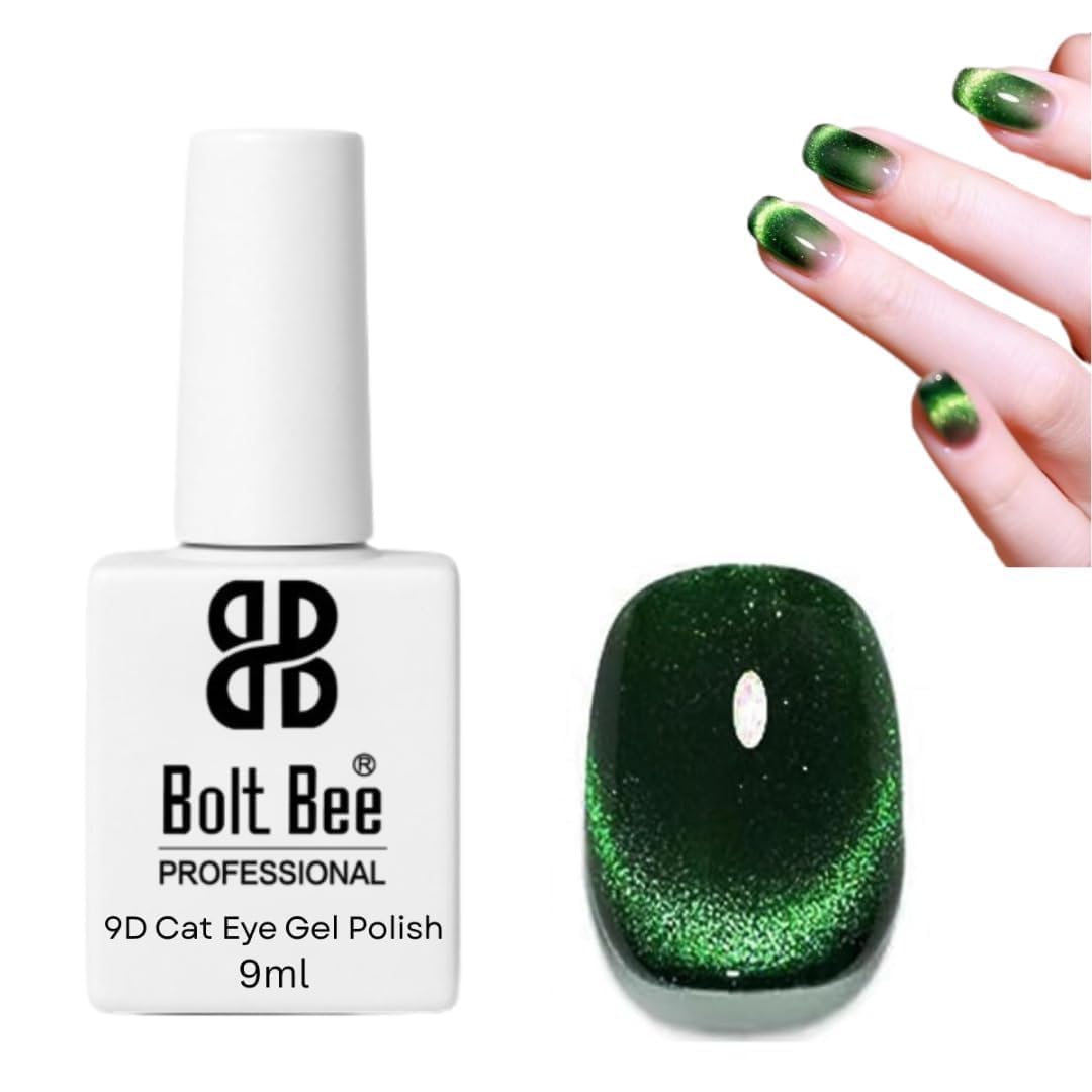Bolt Bee 9D Green Cat Eye Gel Nail Polish Magnetic Soak Off UV/LED Gel, Long-Lasting, Glitter Effect, Salon style effect, (Green)-image-21