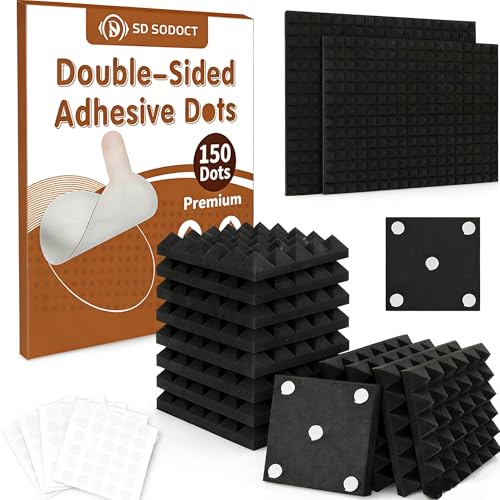 SD SODOCT Paneles Acústicos de Espuma + Adhesivos Juego 24 piezas 12×12×2" Paneles Pirámide para Aislamiento Acústico + 150 Puntos Adhesivos Transparentes Doble Cara Set para Estudio Oficina Hogar miniatura 1