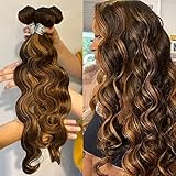 Body Wave Ombre Honey Blonde Highlight Brown Colored Bundles 14 16 18 Inch 10A 100% Brazilian Virgin Remy Human Hair Soft Thick Wavy Weave P4/27 Highlight Piano Color