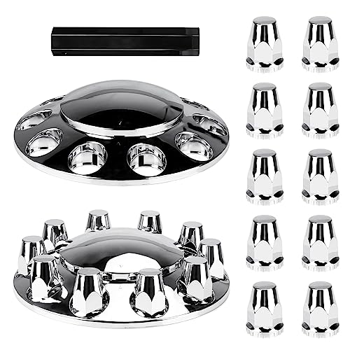 Aeagle Dome Front Axle Cover Combo Kits for Semi Truck Hubs w/Screw-On 33mm Lug Nut, ABS Plastic Chrome Plated, 10 Hole Removable Caps, 2Pcs