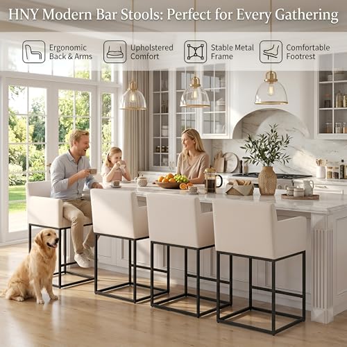 Image of Modern Counter Height Bar Stools Set of 2, Linen Fabric Upholstered Bar Stools with Backs, 26 Inch Kitchen Island Stools with Black Metal Frame, Cream