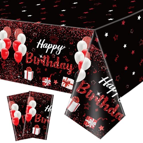 QUERICKY 2 Paquets de nappes Noires et Rouges pour Un Joyeux Anniversaire, 220x130cm Rouges d'anniversaire pour Les Femmes, Les Filles, Les Fournitures de décor pour...