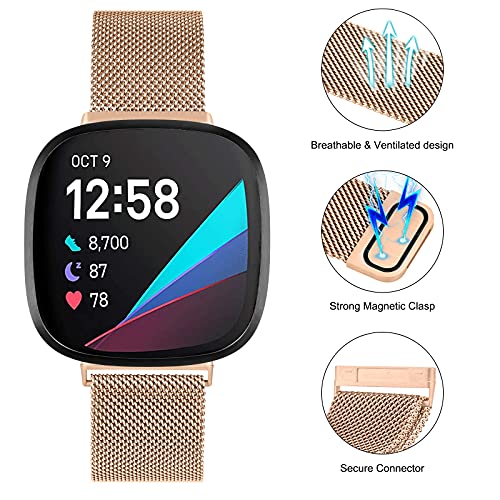 Image of Amzpas Bands Compatible with Fitbit Versa 3 Fitbit Sense, Breathable Stainless Steel Loop Mesh Magnetic Adjustable Wristband for Fitbit Versa 3 / Sense for Women and Men