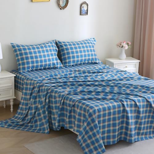 Image of MUXHOMO Full Size 4 Piece Sheet Set, Soft & Breathable Sheet for Bedroom with Deep Pocket Up to 16 inch, Wrinkle-Free & Cooling Bed Sheet with Flat Sheet, Fitted Sheet & Pillowcases - Blue Green Plaid